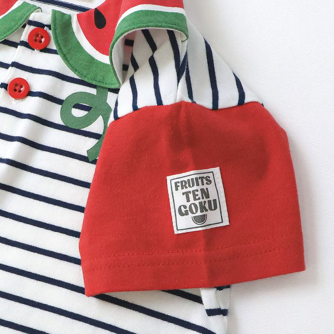 日本 ZOOLAND - 水果造型領天竺棉短袖上衣-西瓜條紋-黑x白