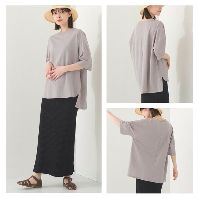 日本 OMNES - 接觸冷感 嫘縈寬版圓領五分袖上衣-海軍藍