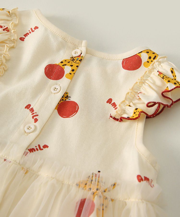 網紗公主袖連身洋裝-豹紋貓貓-白色