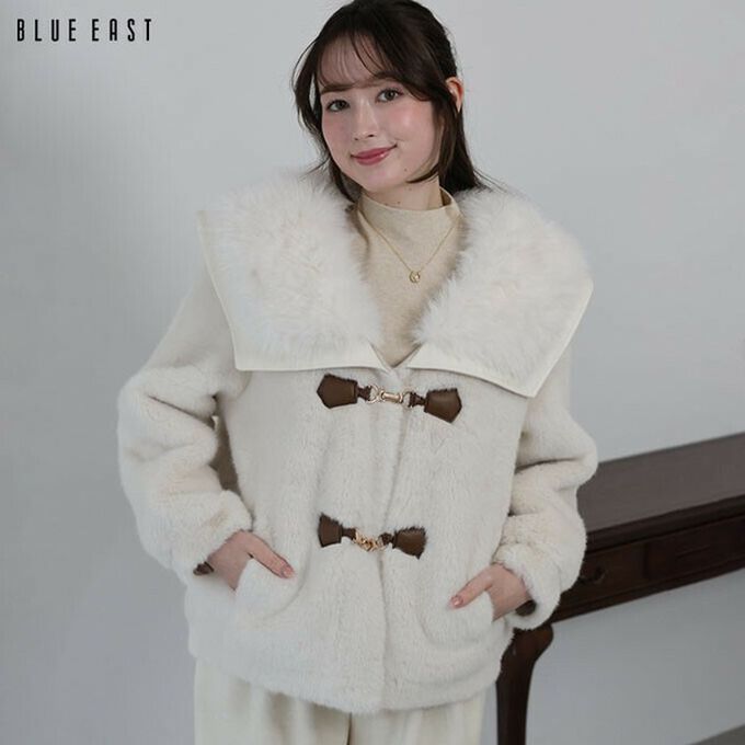 日本 BLUE EAST - 華麗注目皮草感大翻領金扣外套-象牙