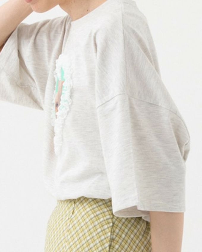 日本 gleam - 厭世貓咪愛心蕾絲寬大風短袖T恤-藍貓-炭黑