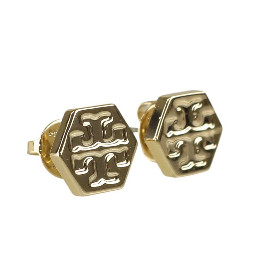 六角形壓印雙T-LOGO造型耳環 (金)