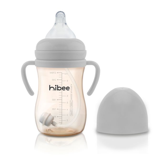正韓 hibee - 蜜糖Q瓶 仿媽咪乳房感 PPSU 防脹氣寬口奶瓶/水瓶270ml_含重力球吸管與把手-灰_HB1G (附吸管刷)