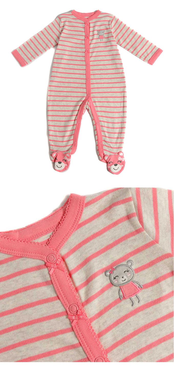 美國 Carter's - 小熊刺繡橫條紋長袖連身包屁衣