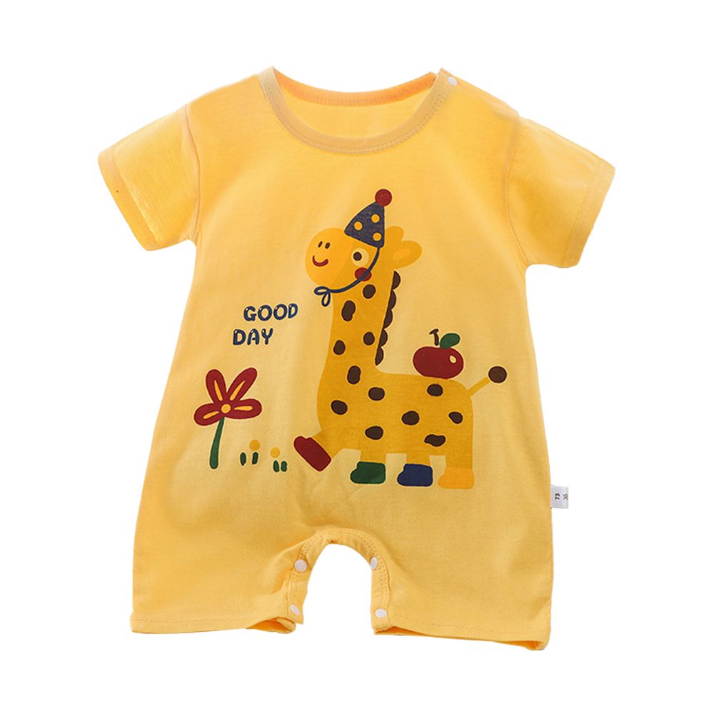 短袖包屁衣 薄款夏季連身衣 嬰兒服 短袖童裝 外出包屁衣-黃底長頸鹿
