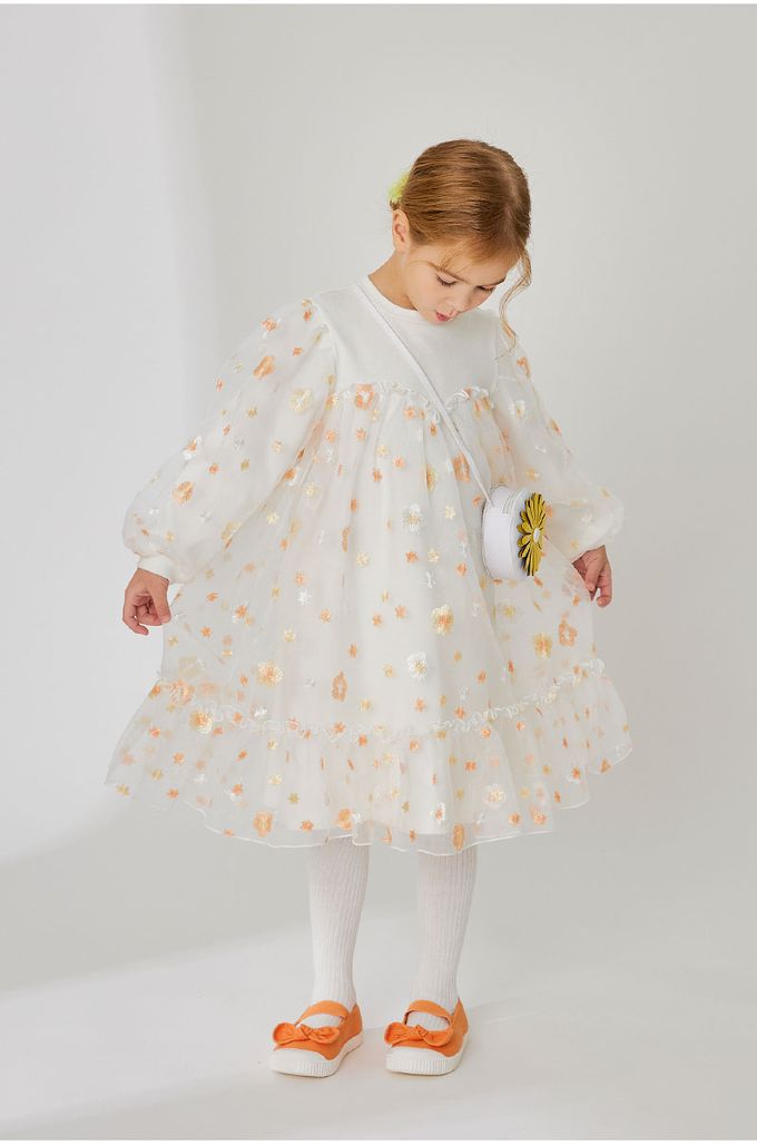 韓國 OZKIZ - (附包包)浪漫花仙子拼接網紗洋裝-白