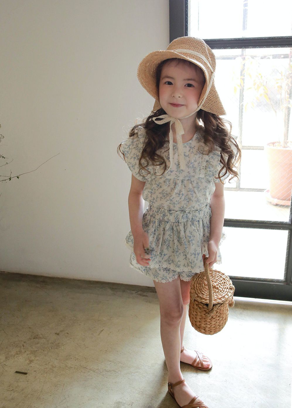 韓國 PuellaFLO - 雙層荷葉袖碎花上衣-藍花