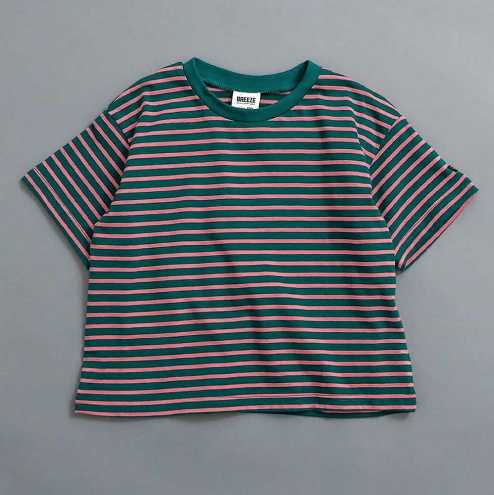 純棉百搭定番短袖上衣-橫條紋-濃綠x粉紅