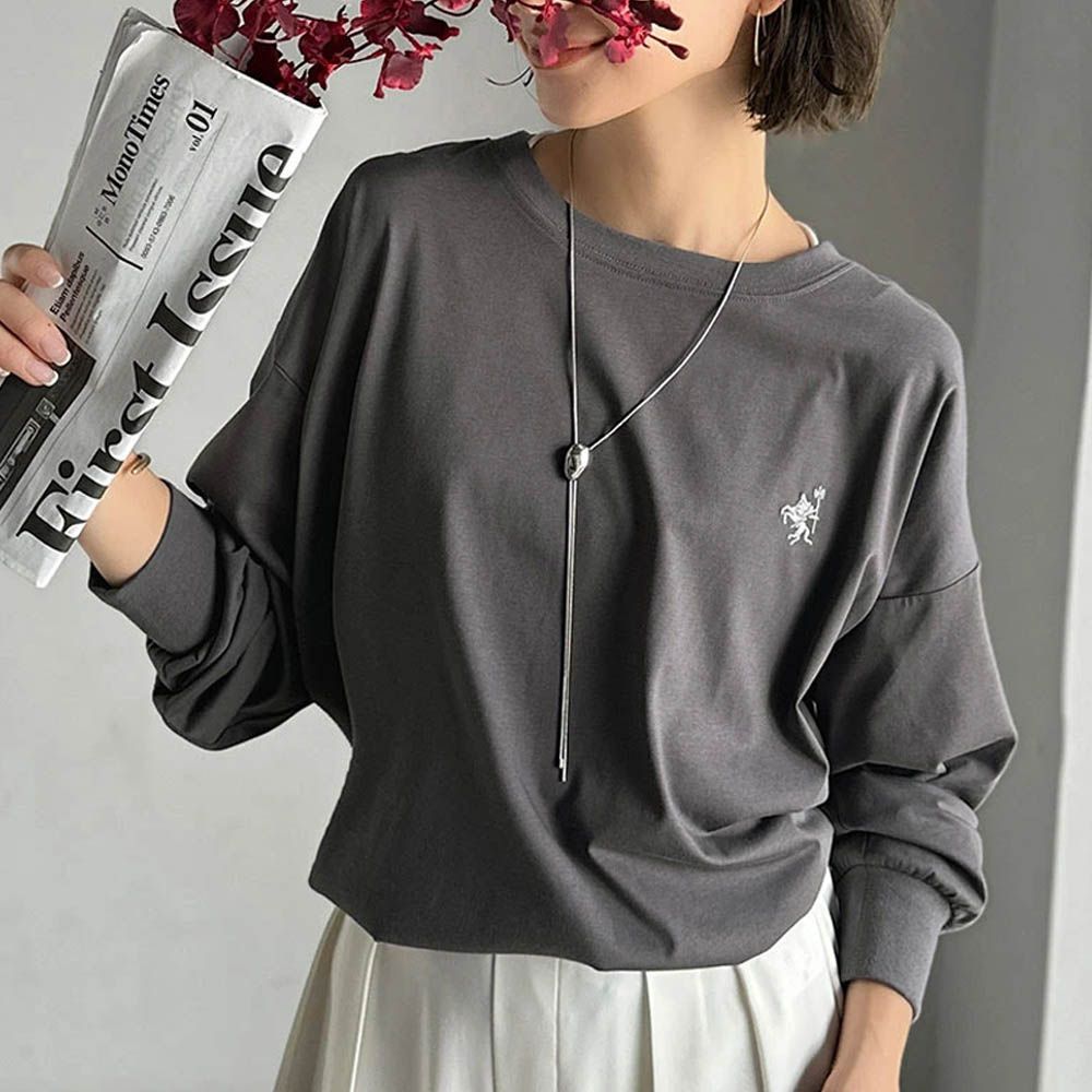 休閒背扣logo刺繡寬版長袖上衣-炭灰