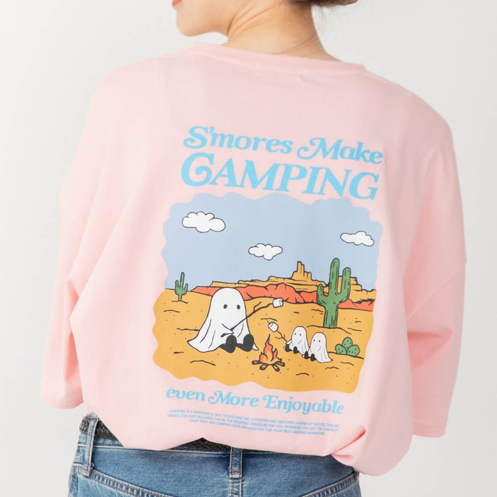 俏皮露營幽靈印花寬大風短袖T恤-粉紅