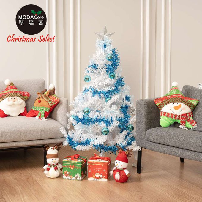 MODACore 摩達客 - 摩達客耶誕-4尺/4呎(120cm)特仕幸福型裝飾白色聖誕樹+冰雪銀藍系全套飾品配件不含燈/本島免運費