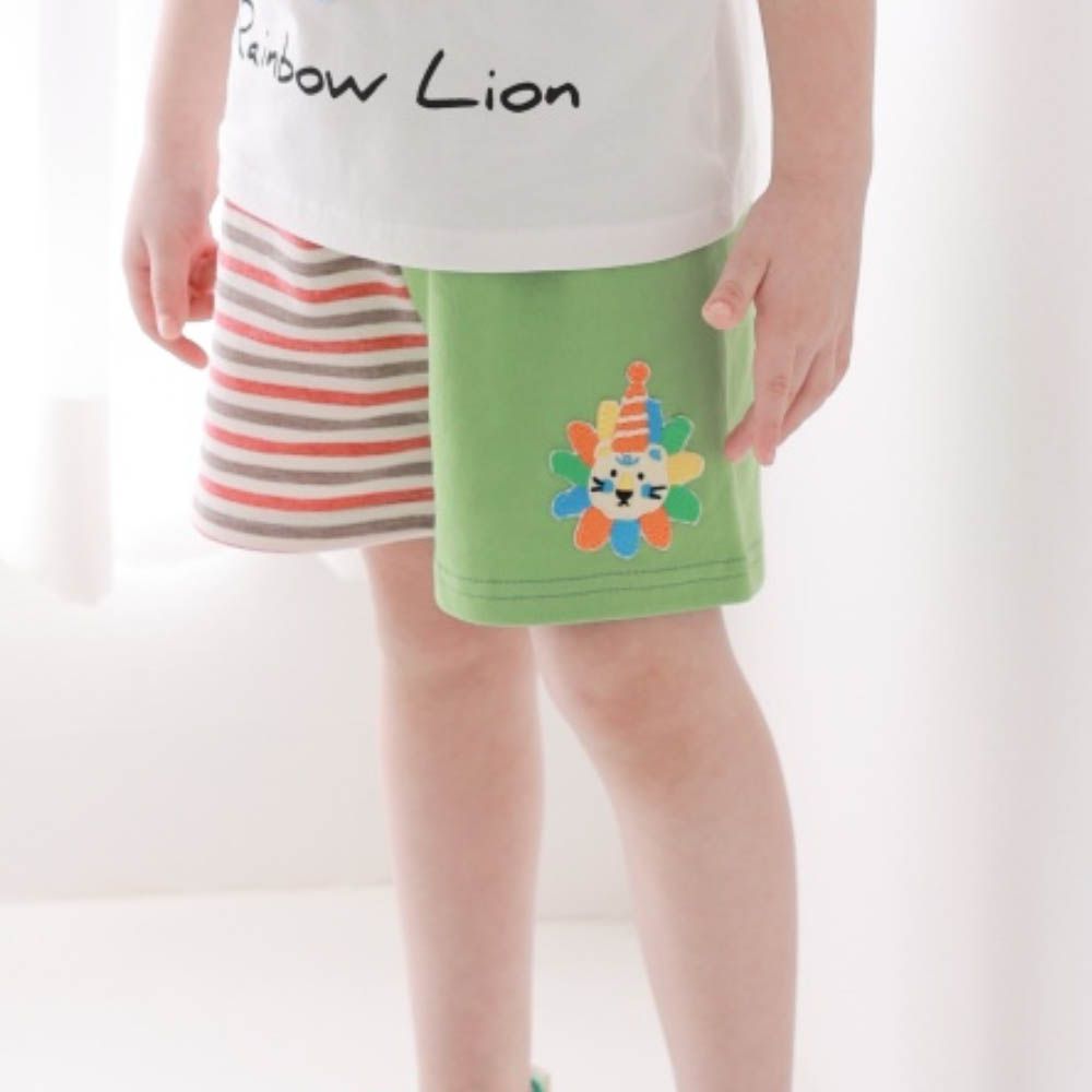 鬆緊腰彩虹獅撞色條紋短褲-紅X綠