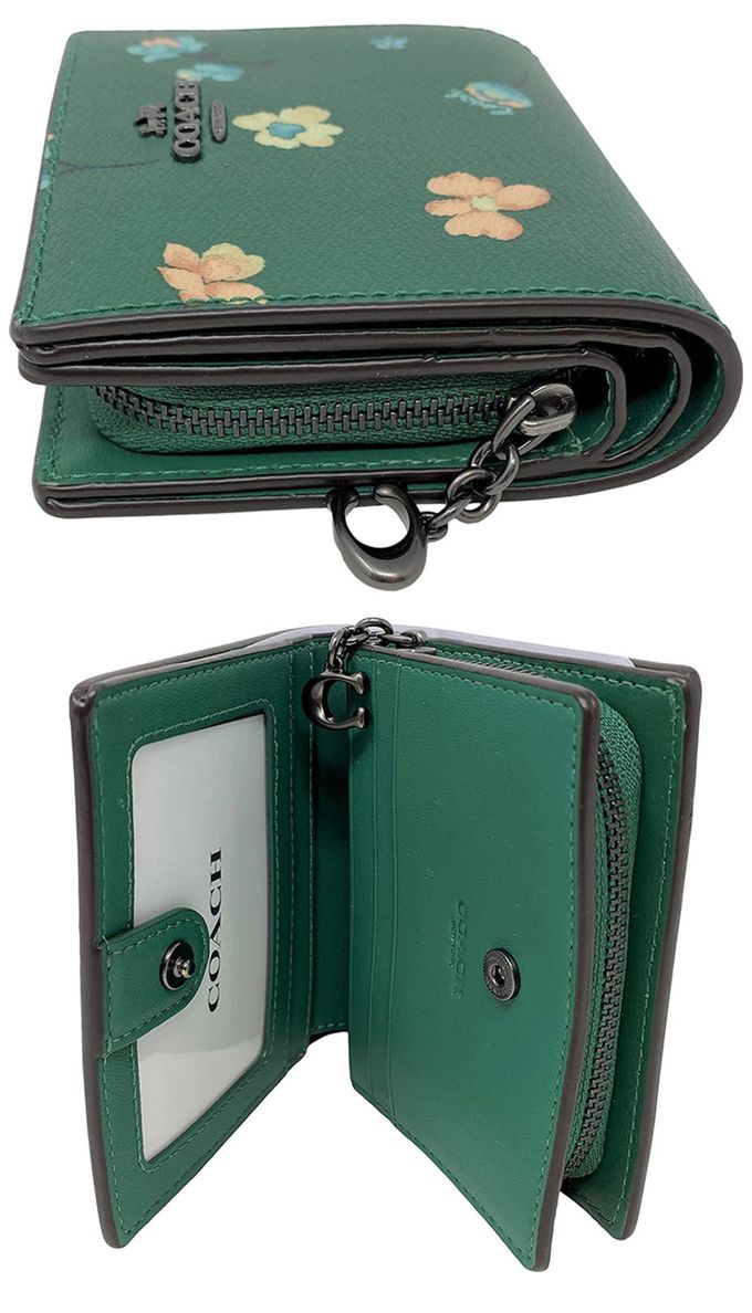 COACH - 花卉印花皮革短夾 (綠色)