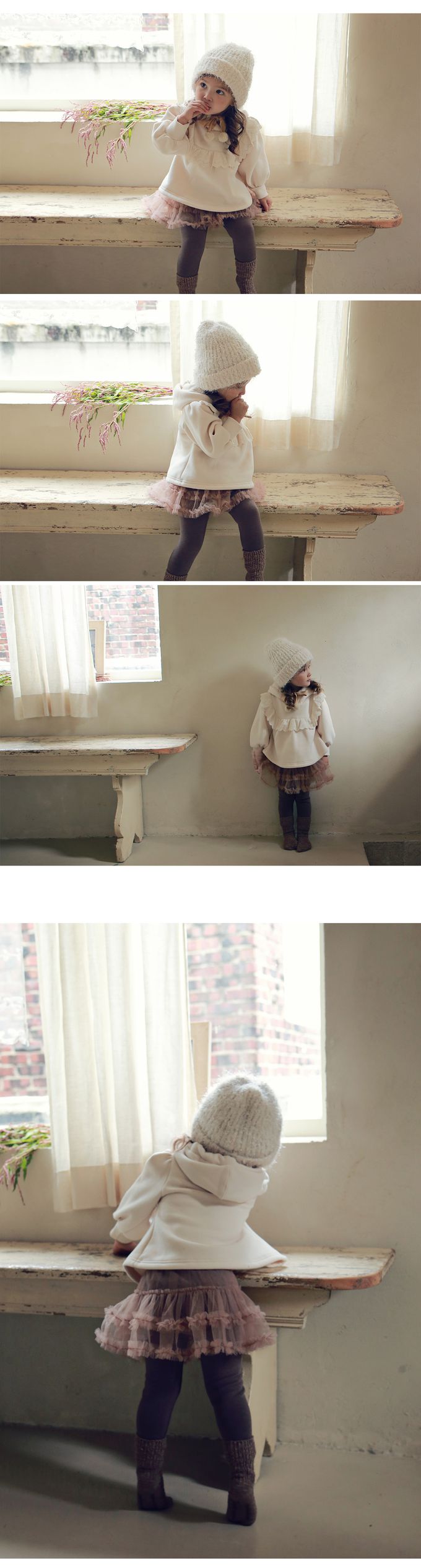 韓國 Puellaflo - (不含毛球抽繩)花邊連帽上衣-米白