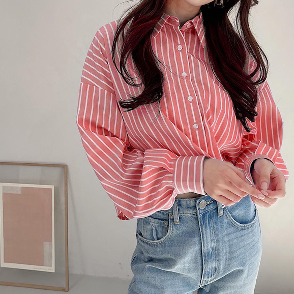 日本 GRL - 清新感條紋短版襯衫-玫紅 (F)