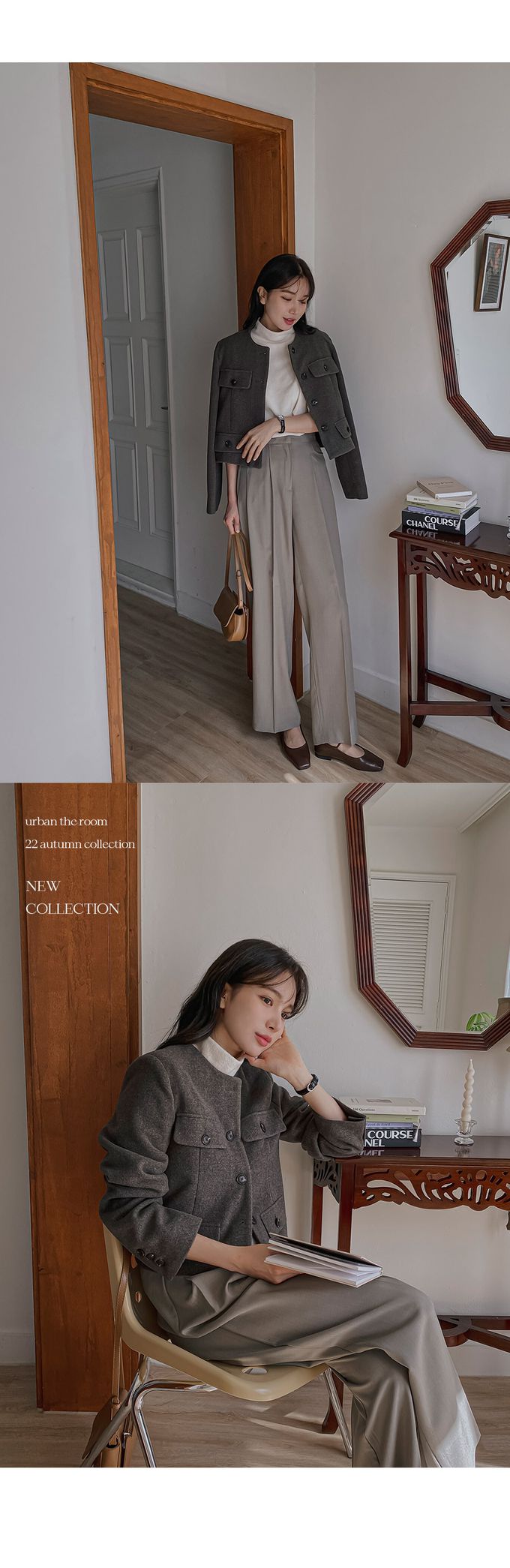 韓國 Urbantheroom - 高質感排釦無領短版夾克-卡其灰 (Free)