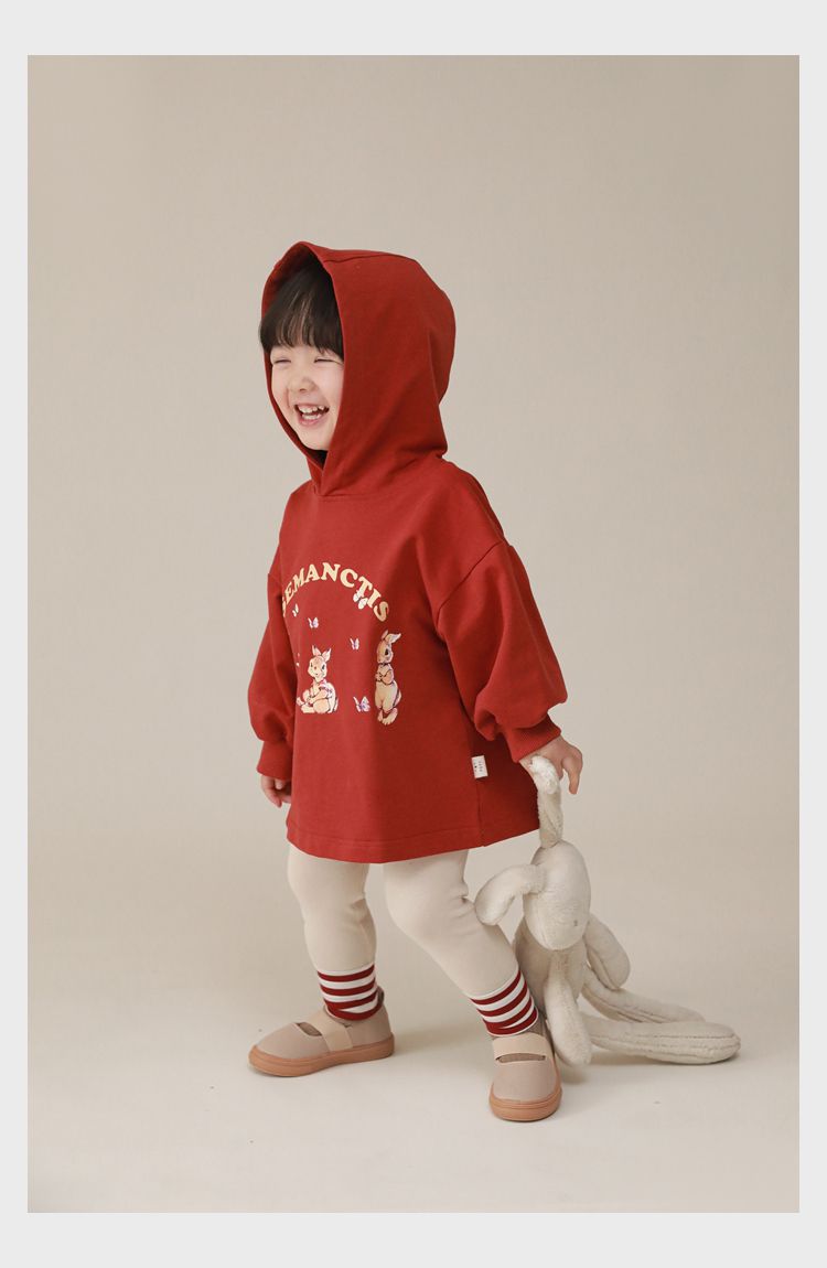 連帽寬鬆長袖帽T-可愛兔兔-紅色