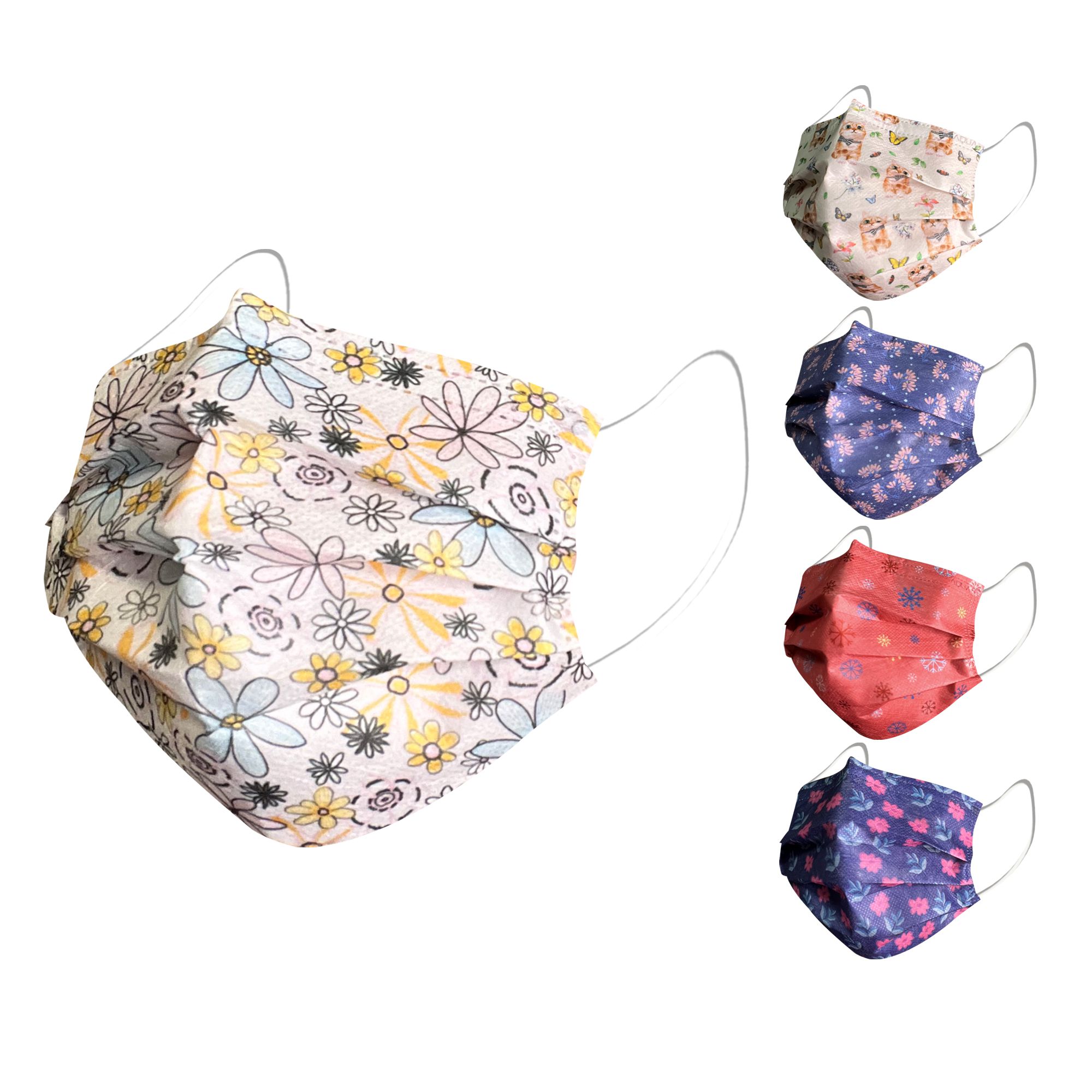 【水舞】摩達客-水舞醫用口罩-滿版氣質組合-10入/盒*5盒-百花、貓咪與蝶、鼠尾草、繽紛雪花片、小蒼蘭