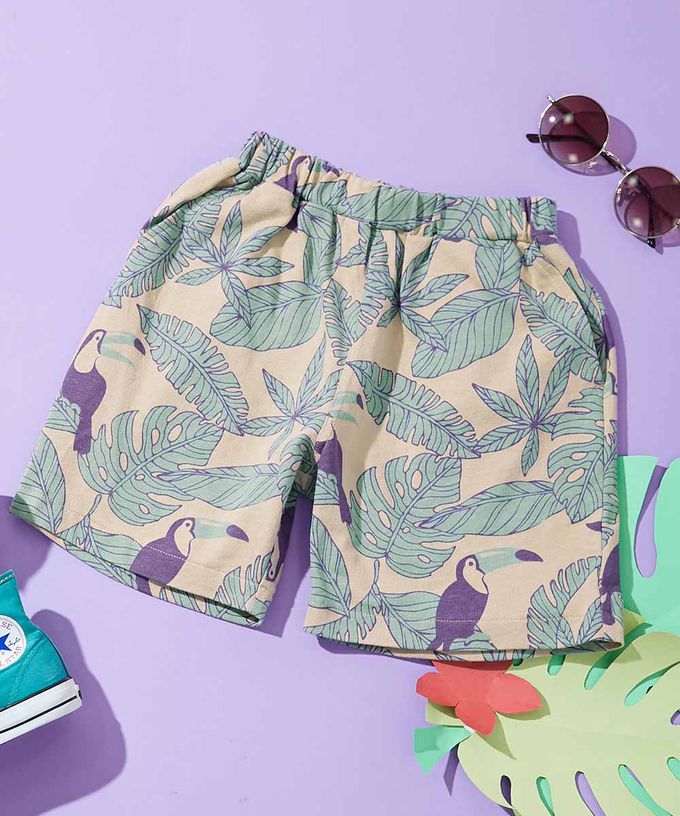 日本 devirock - 夏日印花純棉寬版短褲-BUZZ-灰藍