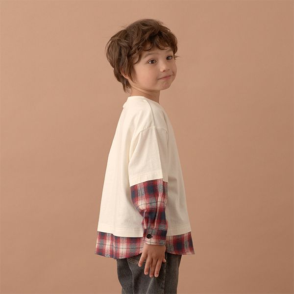 日本 b-ROOM - 假二件寬版大口袋長袖上衣-海軍藍x灰格紋