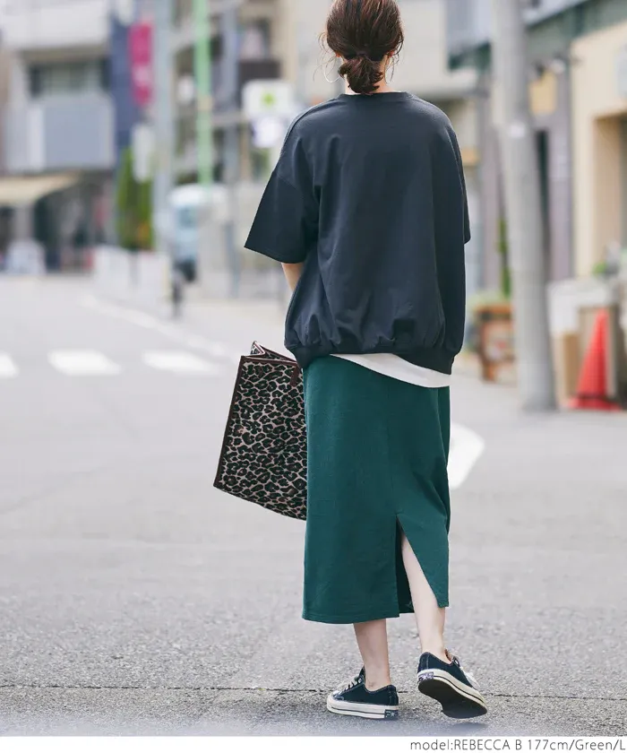 日本 COCA - 棉混彈性修身長裙-深綠