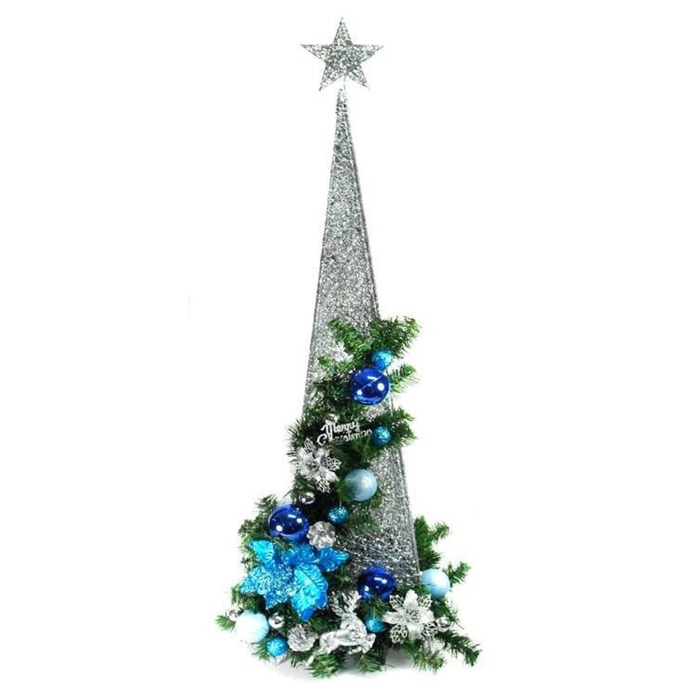MODACore 摩達客 - 耶誕-台灣製3尺/3呎(90cm)銀藍色系聖誕裝飾四角樹塔聖誕樹+LED50燈插電式燈串(藍白光)附贈IC控制器