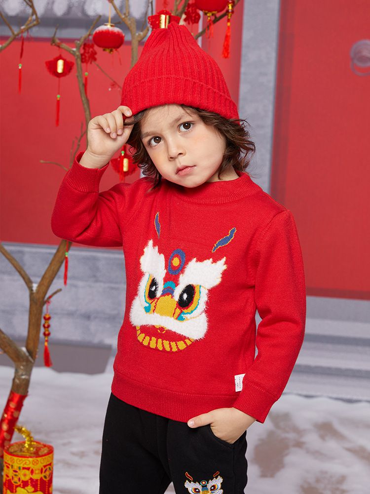 (加絨)喜氣拜年圓領針織長袖毛衣-醒獅-紅色