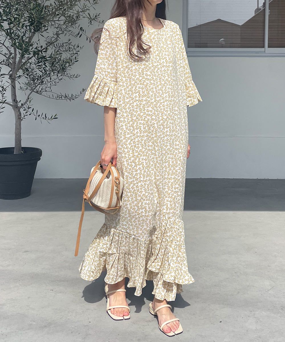 日本 Bab - 圓領碎花糖果袖洋裝-奶油白