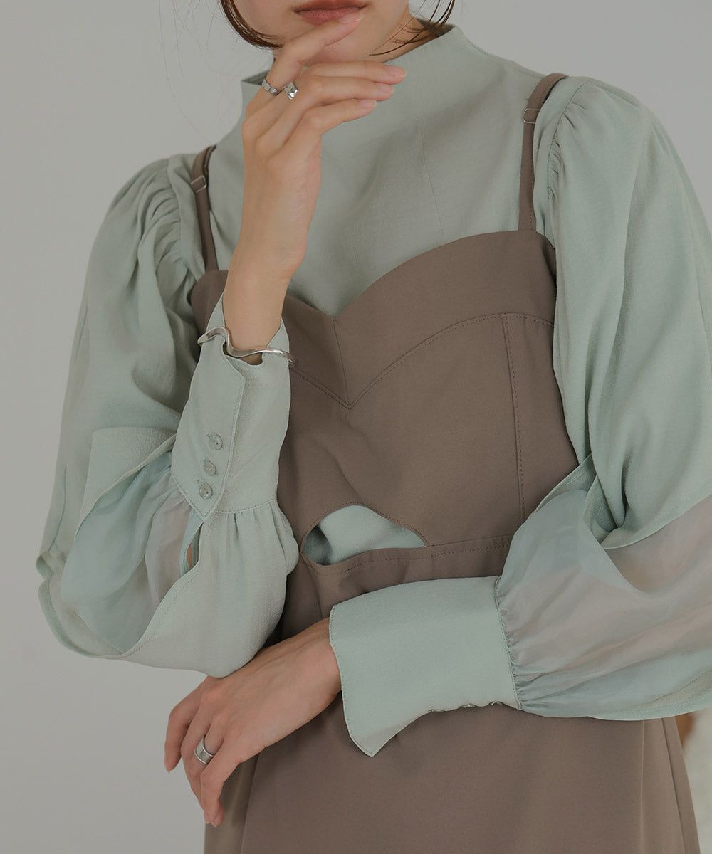 日本 Bab - 柔美紗拼接袖雪紡上衣-深可可