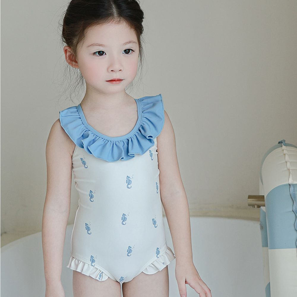 UPF50+花邊連身泳裝(附泳帽)-海馬