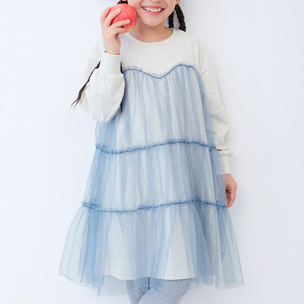 浪漫薄紗拼接分層長袖洋裝-白雲藍