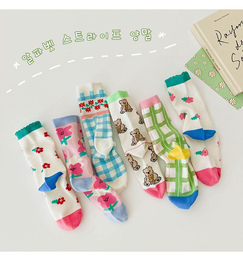 兒童中筒襪 (三入一組)-1093小熊花園-A款綠