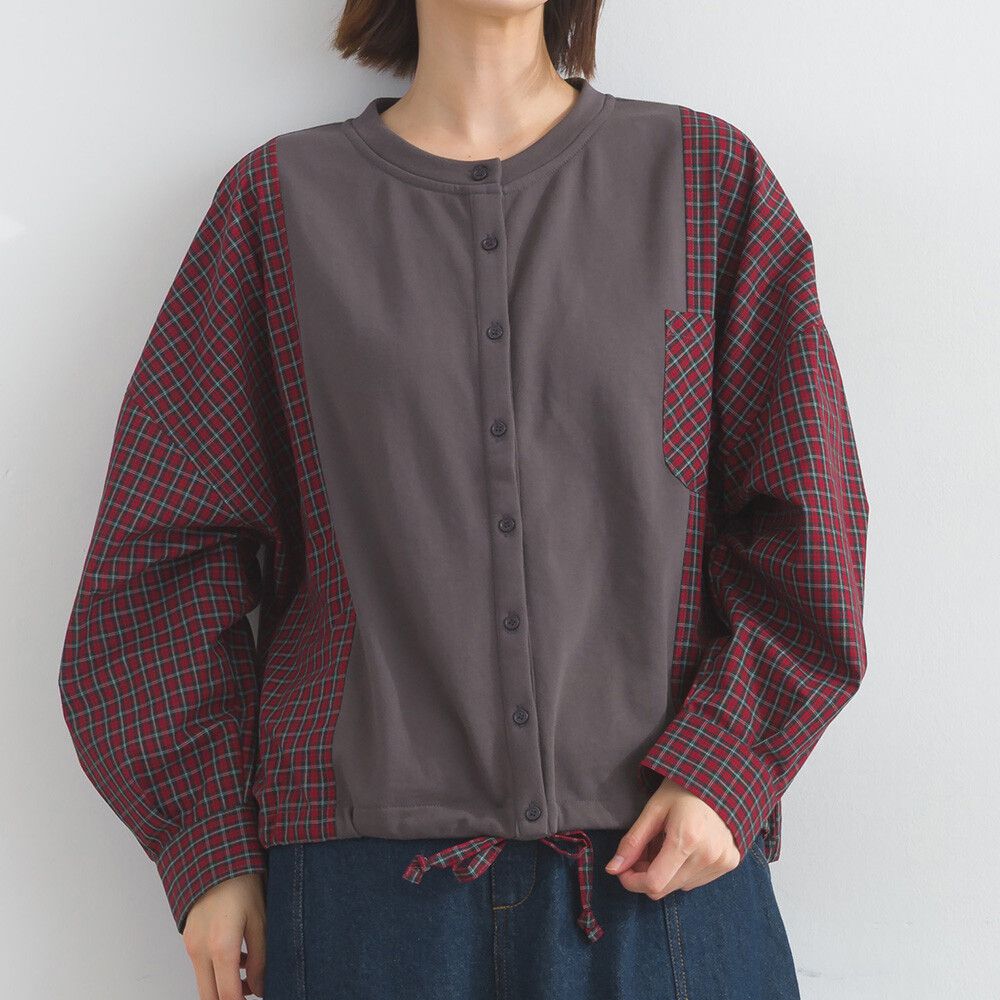 可愛格子拼接裏毛休閒襯衫-深灰x紅