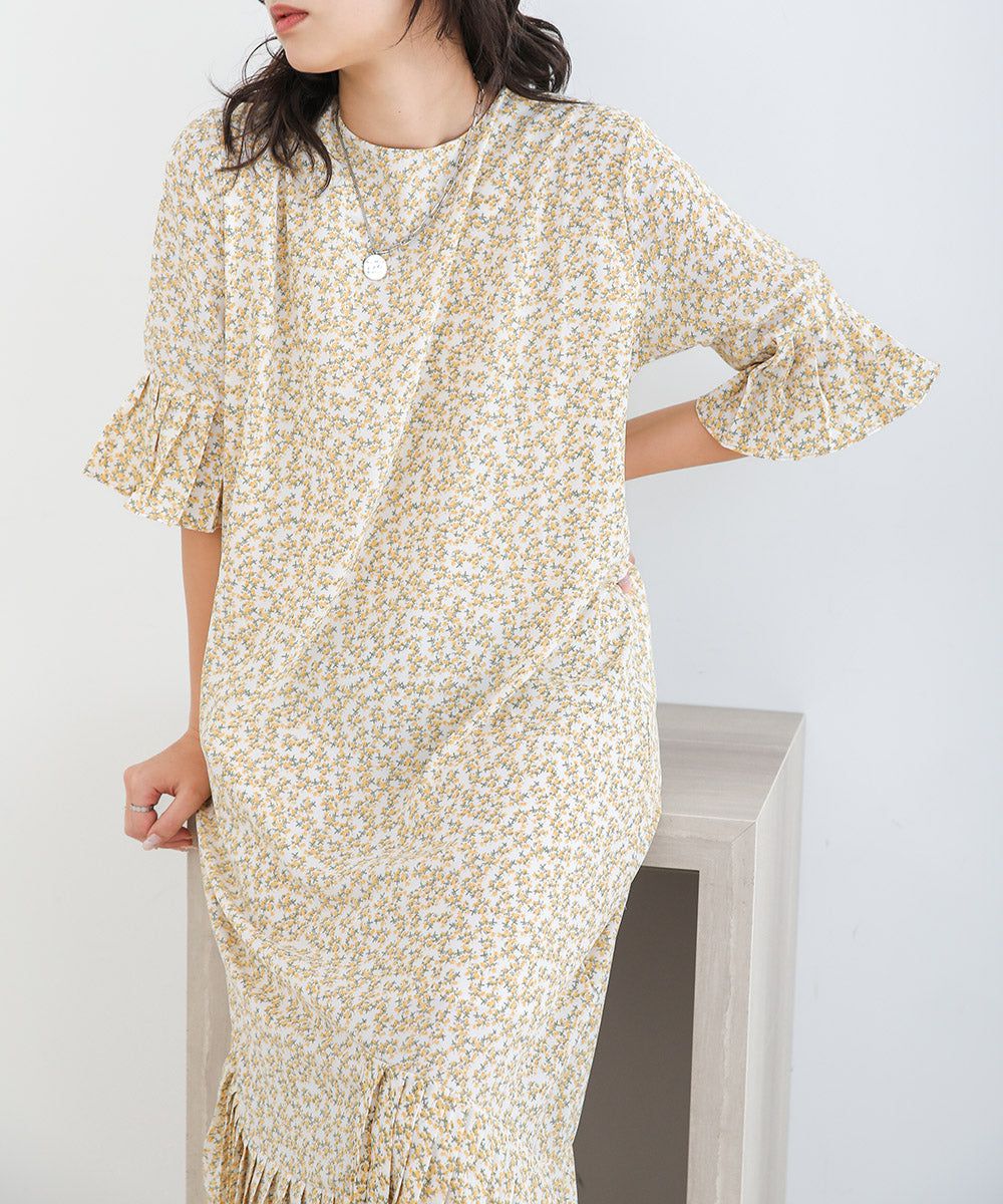 日本 Bab - 圓領碎花糖果袖洋裝-奶油白