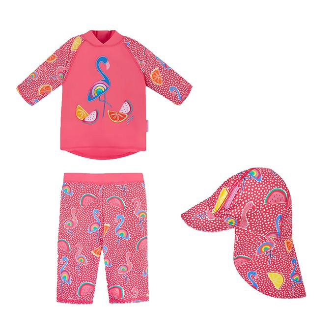 英國 JoJo Maman BeBe - 兩件式泳裝+防曬護頸遮陽帽-繽紛紅鶴_JJH3980+繽紛紅鶴_JJH3981