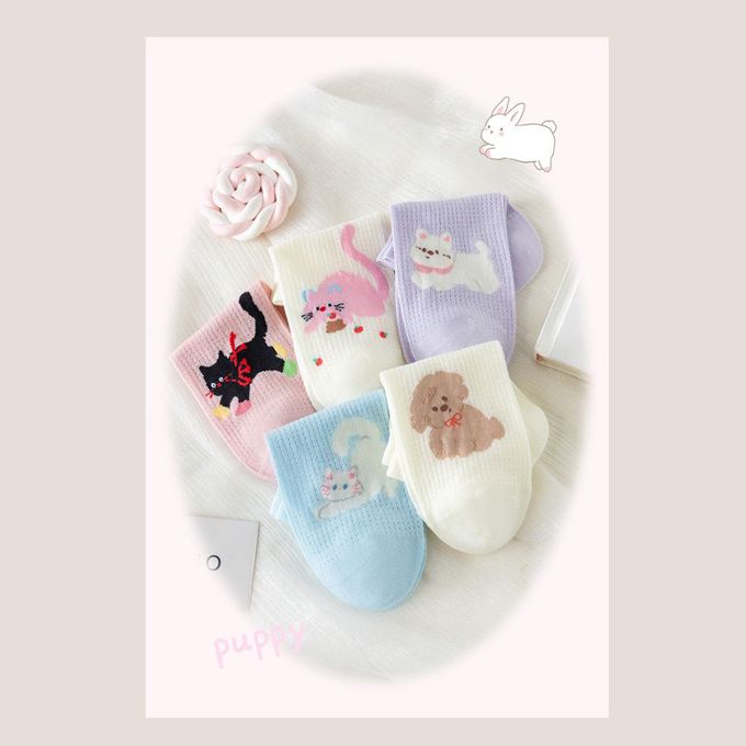 韓風插畫貓咪小狗網眼低筒棉襪