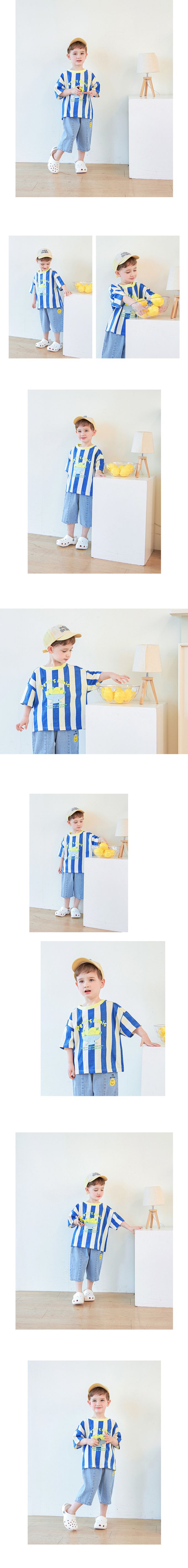 韓國 WALTON kids - 寬直紋萊姆印短袖上衣-寶藍