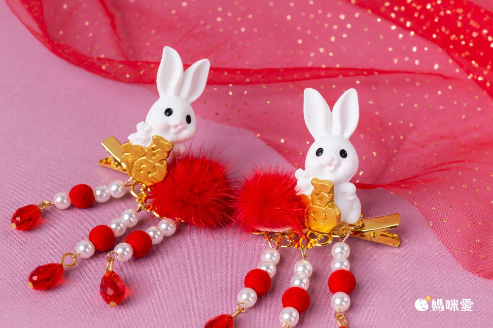 兔年喜氣洋洋拜年兒童髮飾-蝴蝶結+小金兔-紅色