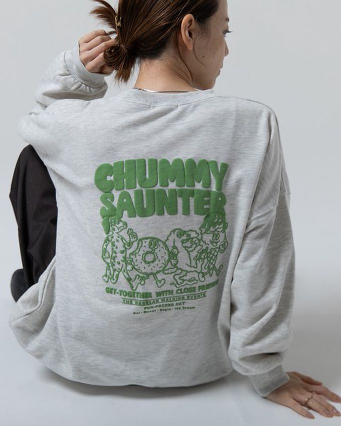 日本 gleam - 裏毛寬版甜點好友印花大學T-炭黑x橘