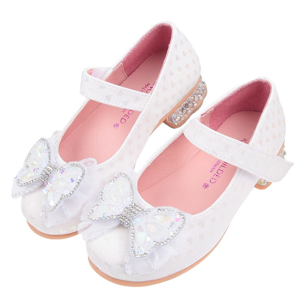 台灣製閃亮愛心圖紋蝴蝶結珍珠白公主鞋