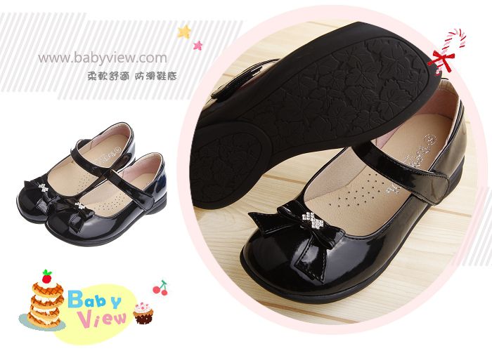 典雅淑女風格蝴蝶結鑽飾亮黑色公主鞋