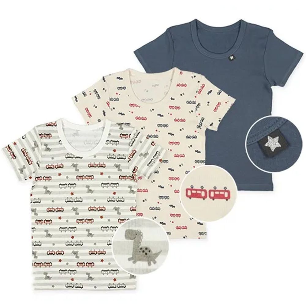 純棉 吸水速乾內搭短袖上衣(3件組)-恐龍&纜車&星星-深藍米