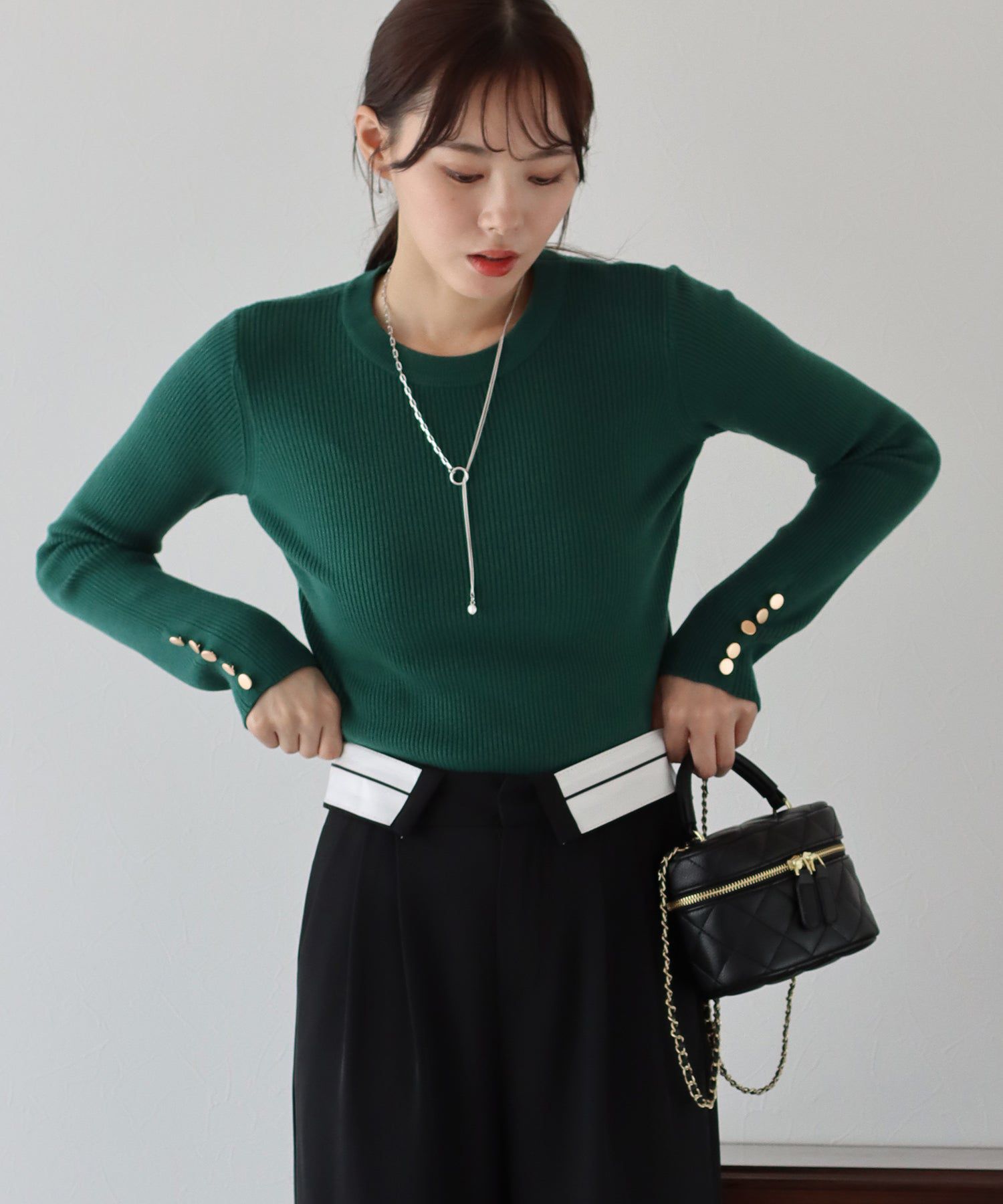 日本 BLUE EAST - 時尚金釦羅紋針織上衣-墨綠