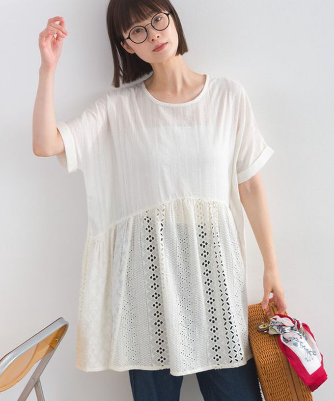 日本 Lupilien - 100%印度棉 柔美緹花長版短袖上衣-桃紅