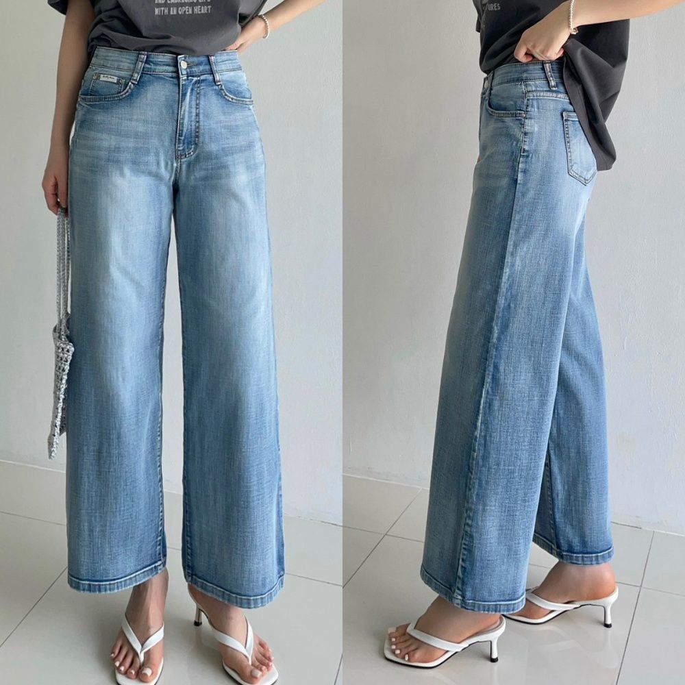 Howluk (涼感機能)彈性腰清爽水洗刷色直筒寬褲-淺藍