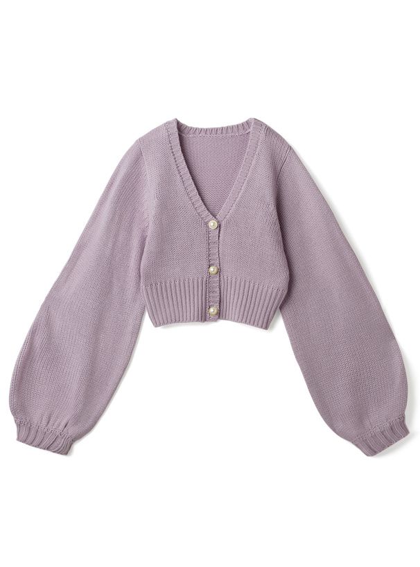 日本 GRL - V領珍珠釦泡泡袖針織外套-淺粉紫 (F)