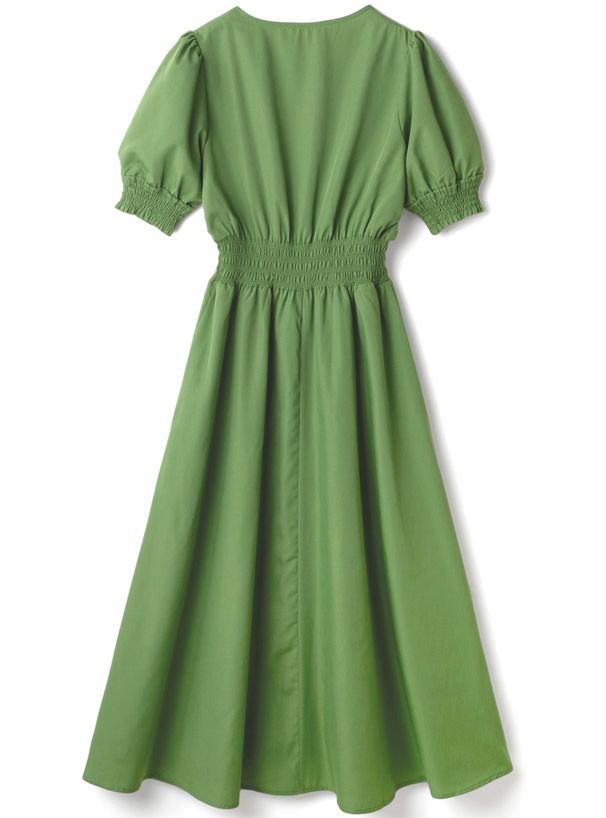 日本 GRL - 復古V領縮腰泡泡袖洋裝-簡約黑