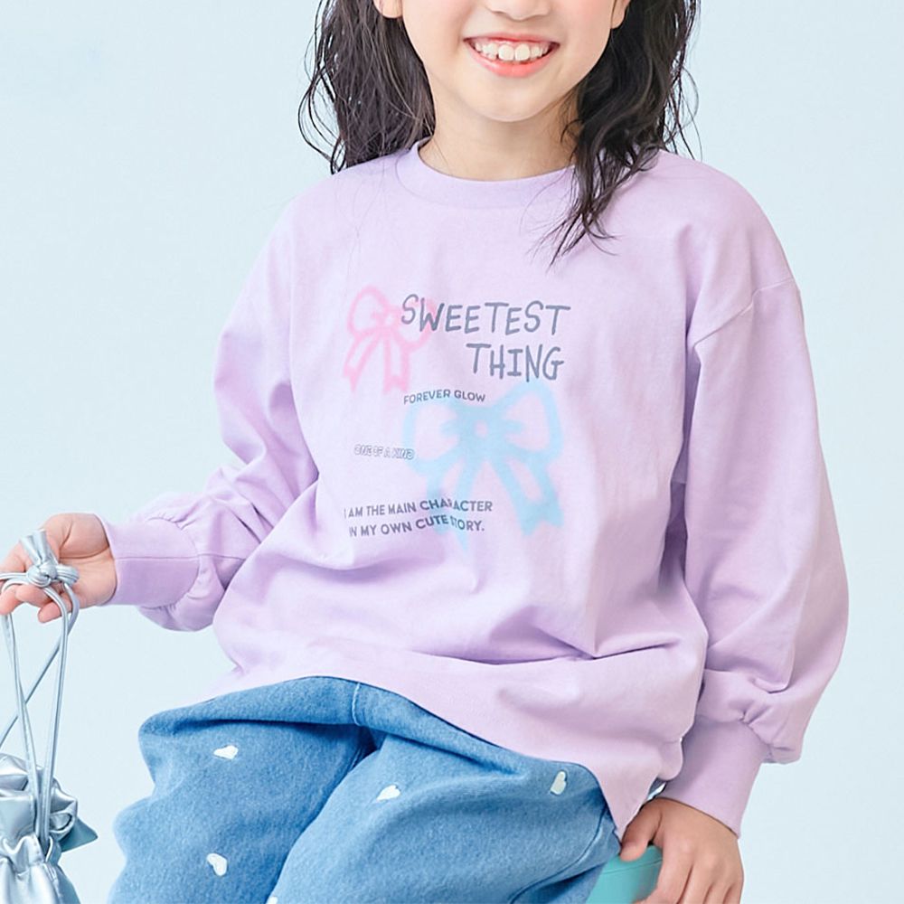 純棉甜心女孩長袖上衣-蝴蝶結-紫丁香