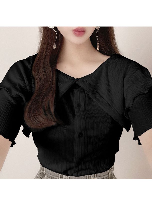 日本 GRL - 木耳捲邊翻領五分袖上衣-黑 (F)