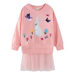 Jumping meters - 棉質圓領長袖連身網紗洋裝-花卉小兔-粉色